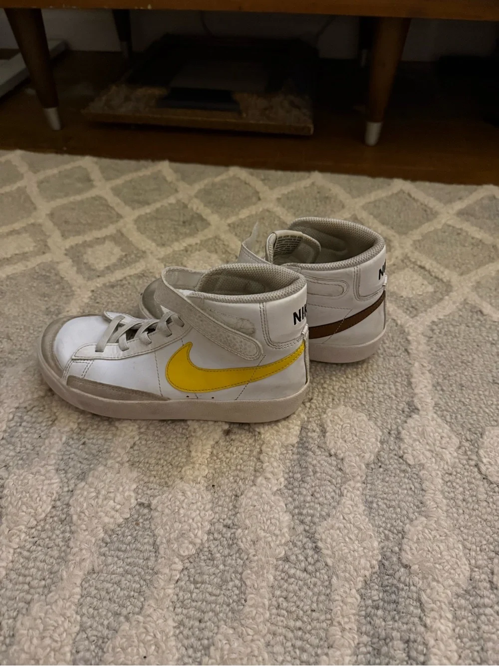 Nike Kids White High-Top Sneakers with Yellow Swoosh and Gray Accents